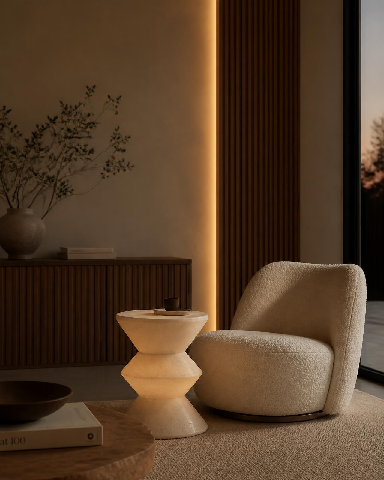 Bijzettafel met zacht licht naast een bouclé fauteuil