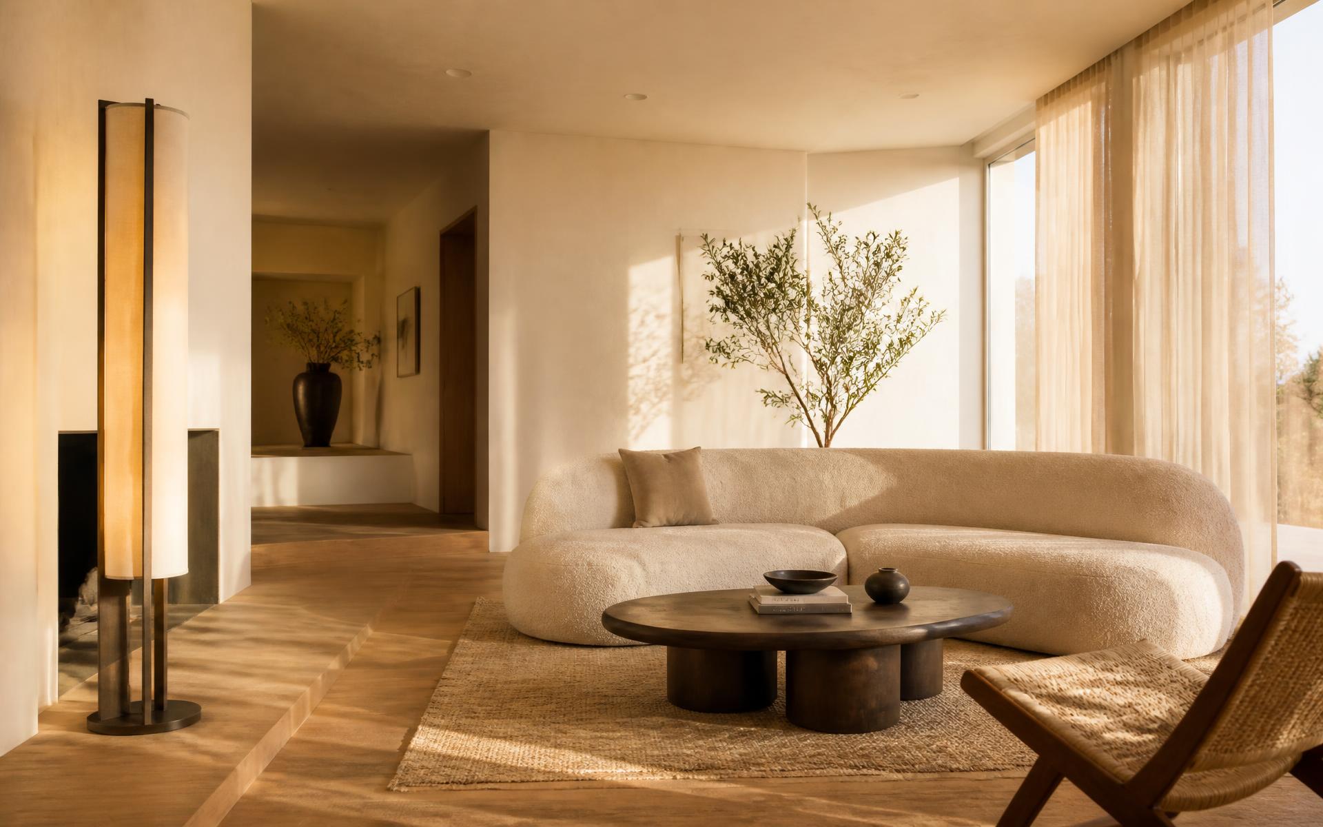 Moderne woonkamer met bouclé bank, walnoot salontafel en warme sfeerverlichting