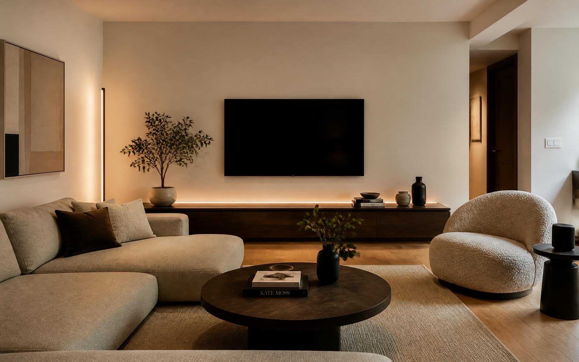 Woonkamer met lounge chair, salontafel, vloerlamp, speaker en LED-lichtlijn